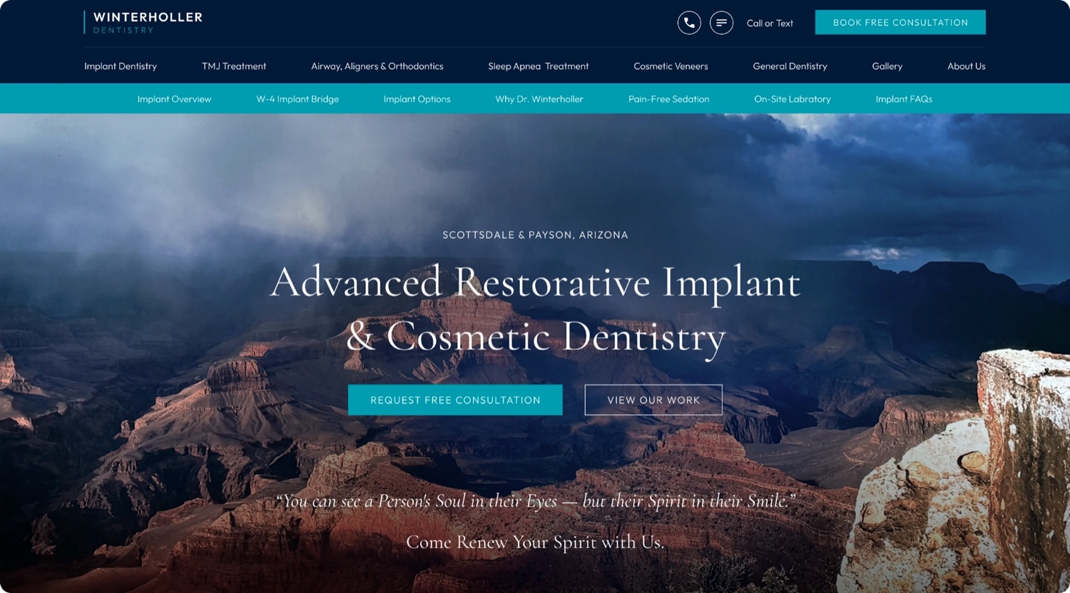 Dental practice website showing implant and cosmetic dentistry services and a consultation pathway.