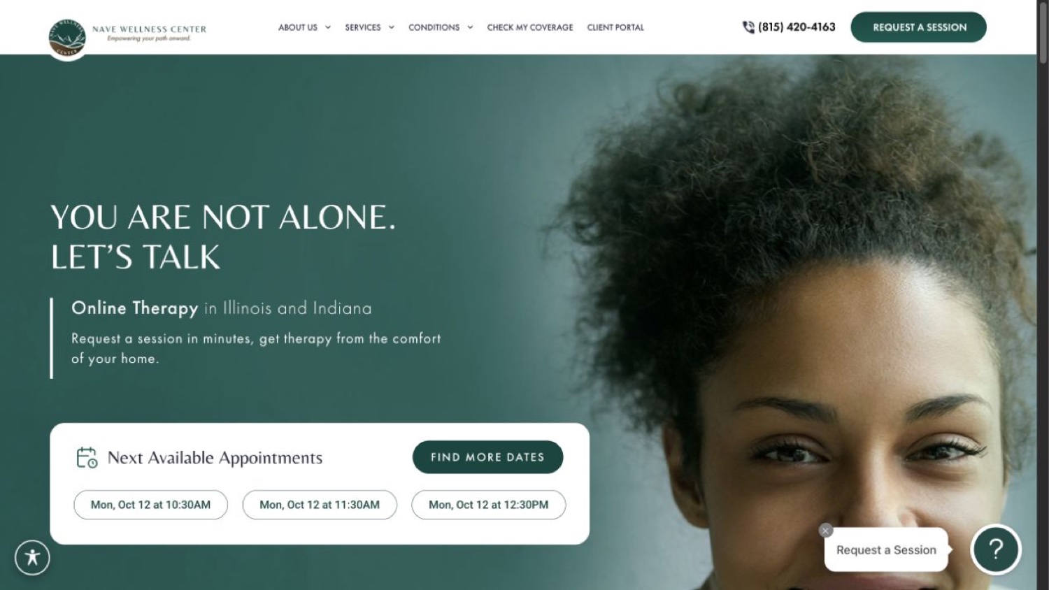 Mental health practice website with online therapy information and a request-a-session pathway.