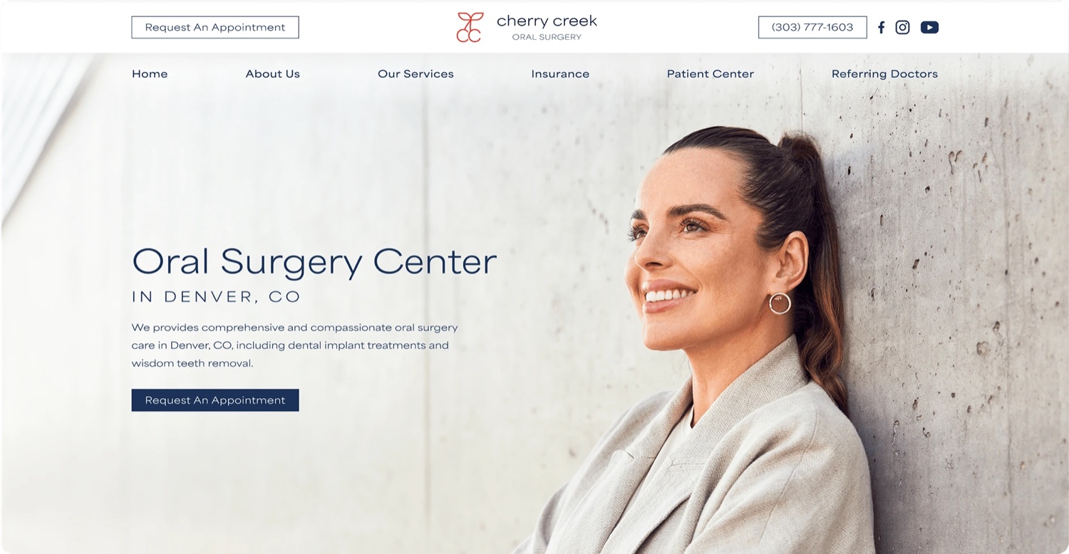 Oral surgery practice website with procedure information and consultation navigation.