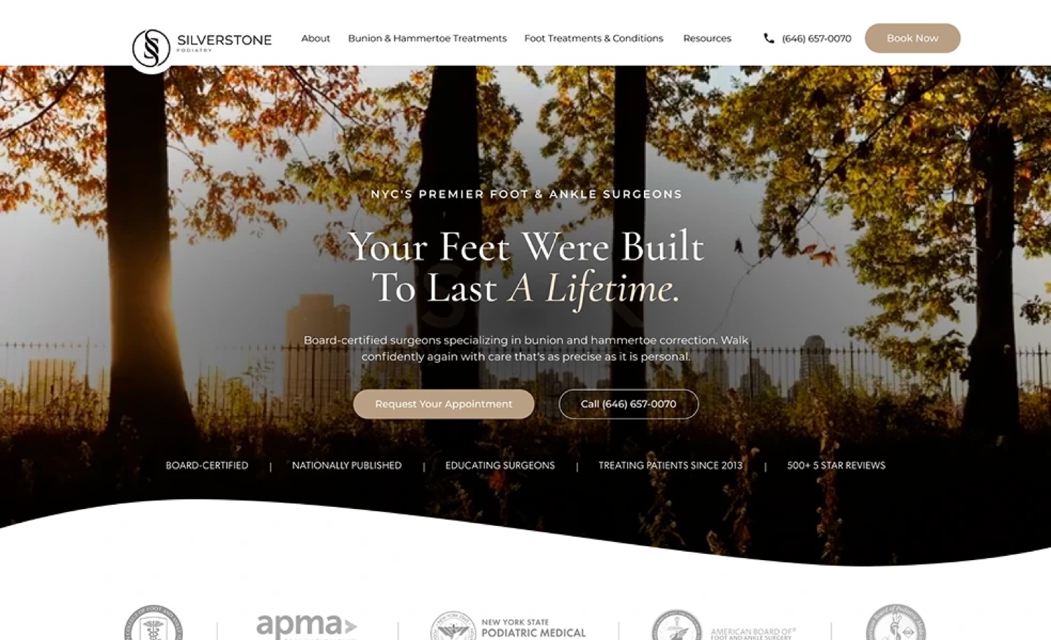 Foot and ankle practice website with specialty service information and an appointment link.