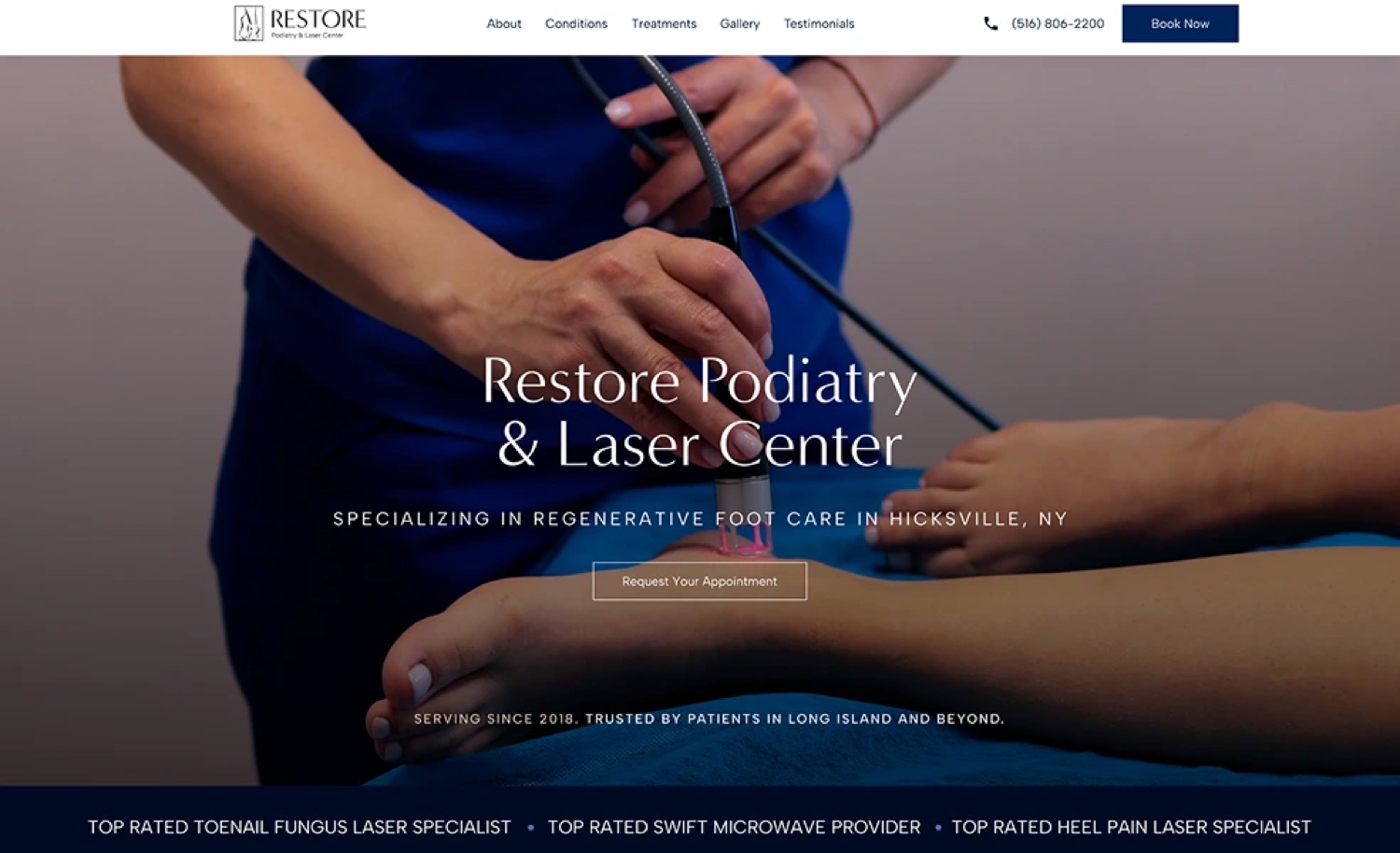 Podiatry practice website with service navigation and an appointment request.