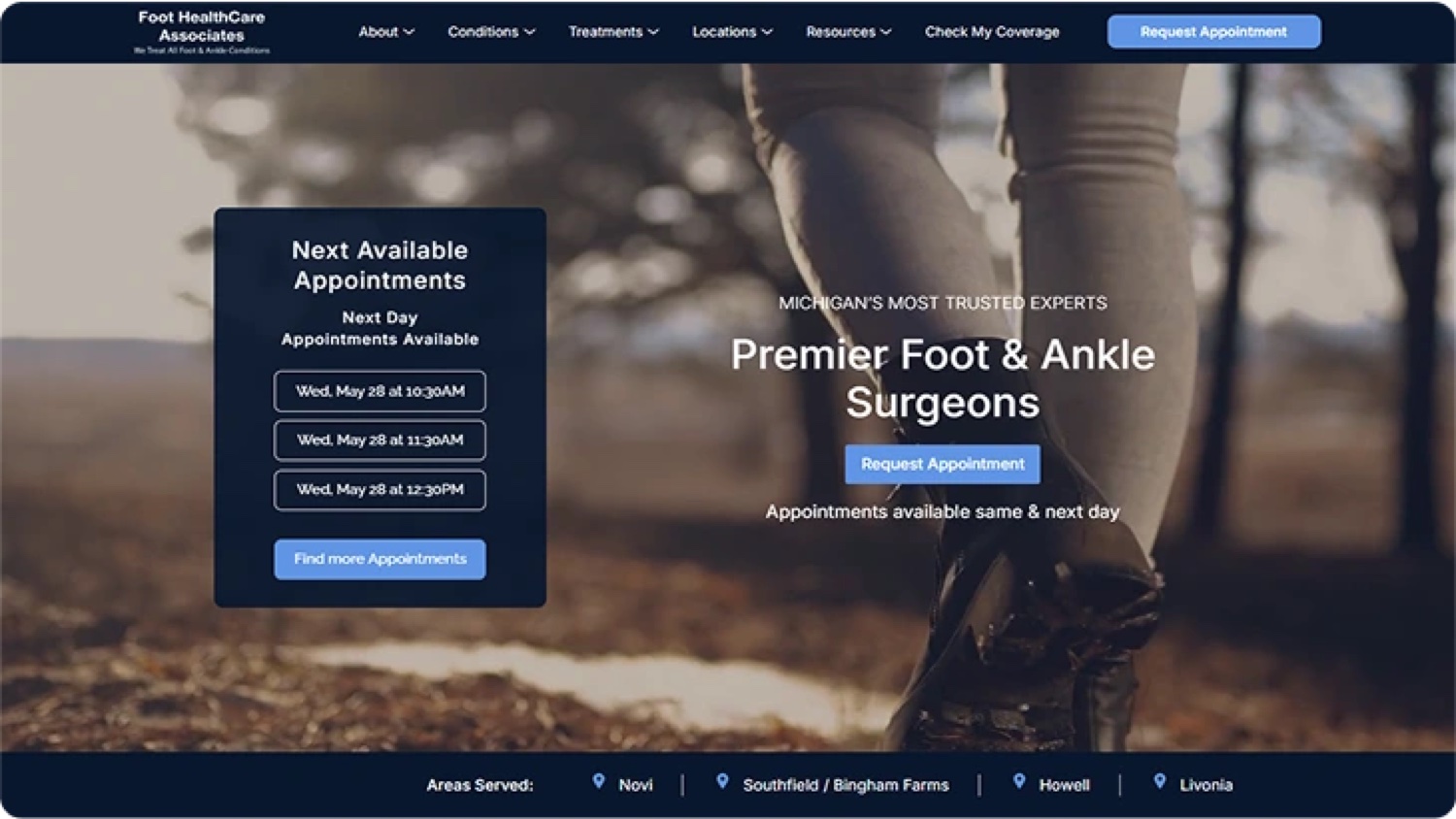 Foot and ankle practice website showing location information and appointment options.