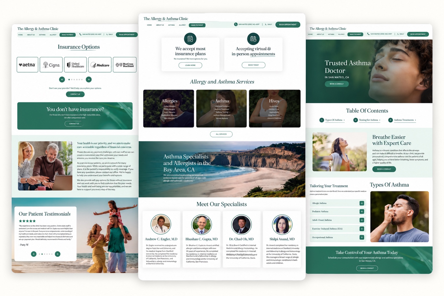 Allergy and asthma website examples showing service information, physician profiles and practical visit details.