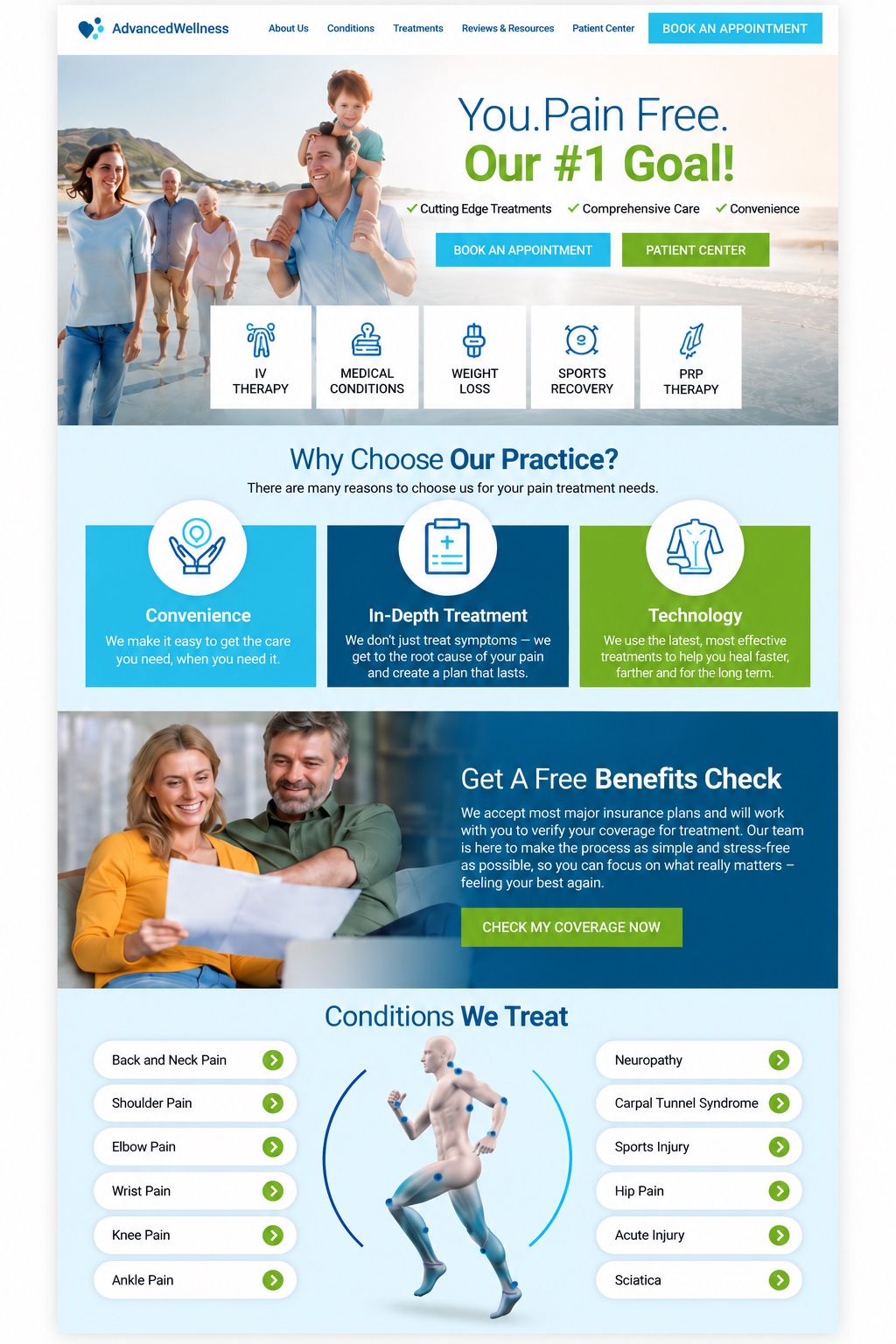 Multidisciplinary practice website preview showing service navigation, practice information and appointment pathways.