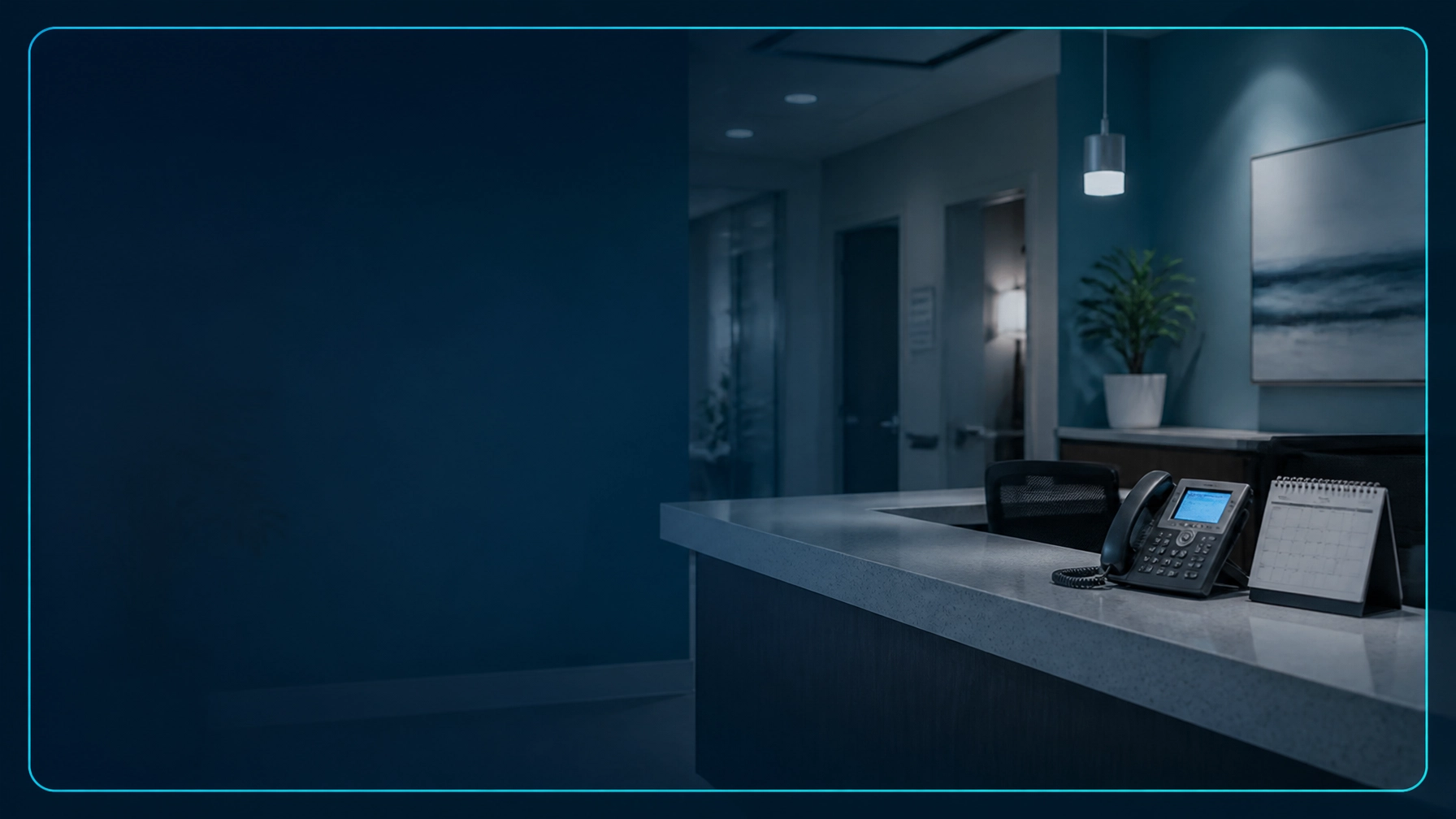 Medical office reception desk with phone and tablet