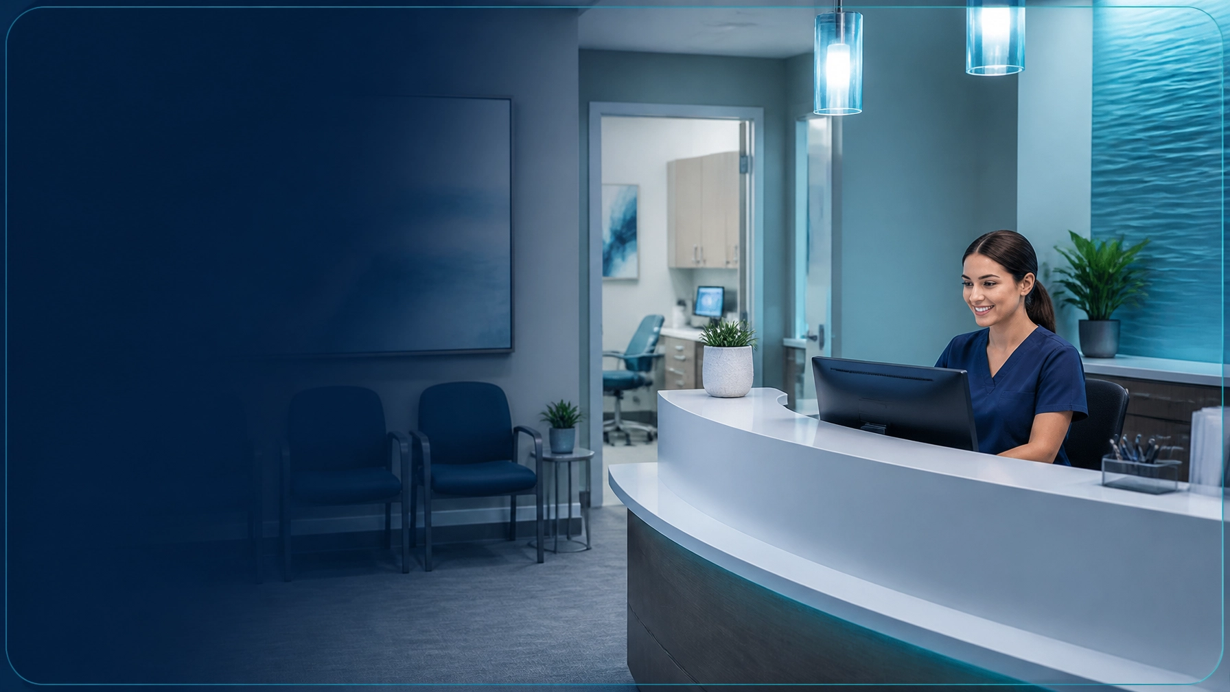 Team member at reception desk in a modern medical office