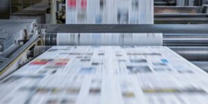 a printing press printing a newspaper for traditional marketing for business