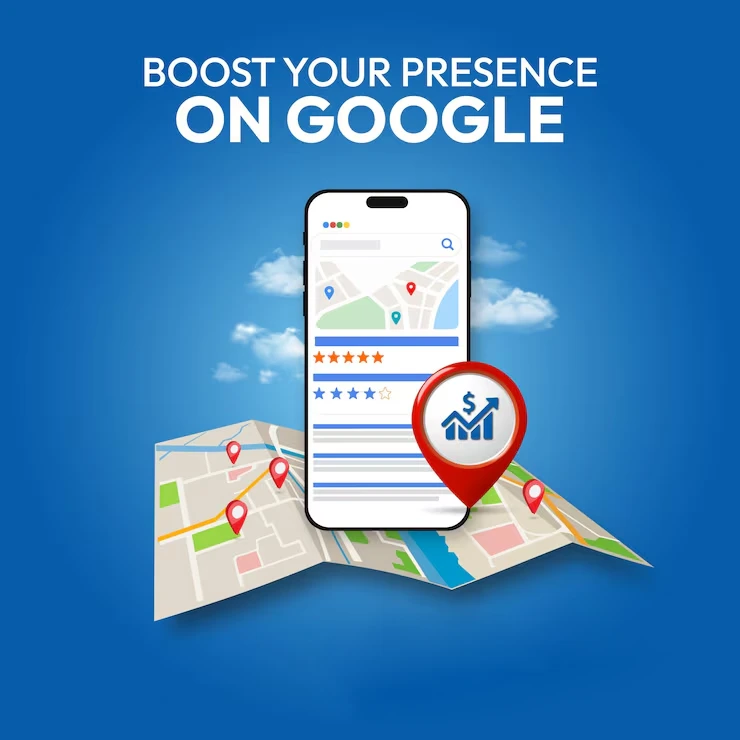 Graphic reading Boost Your Presence On Google, showing a local business listing pinned on a phone map