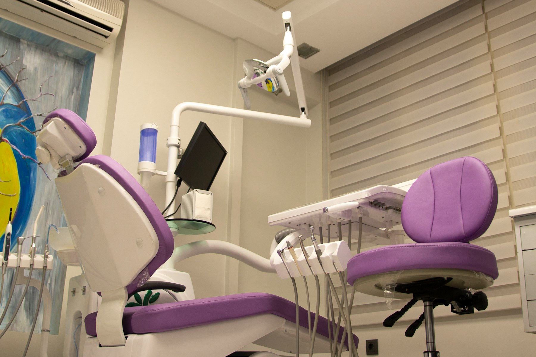 Dental treatment chair in a bright room with a skylight