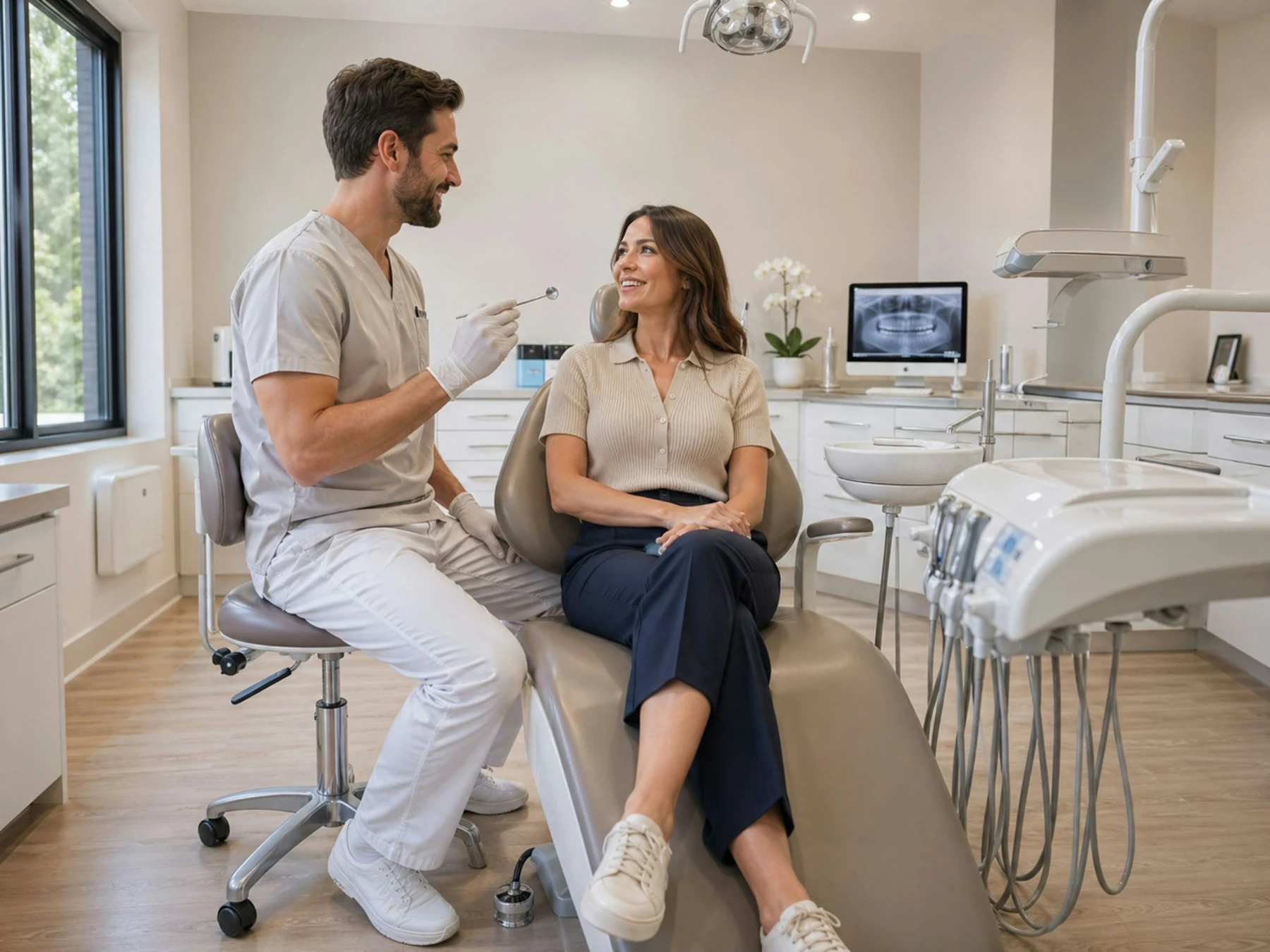 Dentist discussing care with a patient in a modern dental office