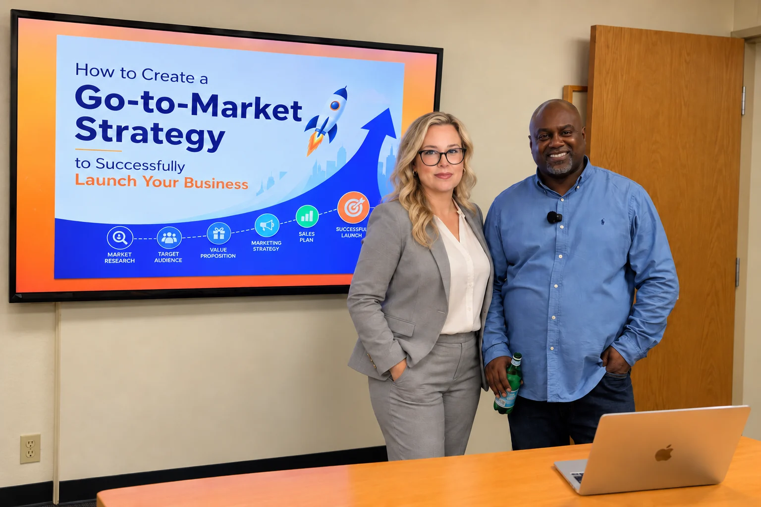 Two presenters pictured beside a go-to-market strategy workshop presentation.