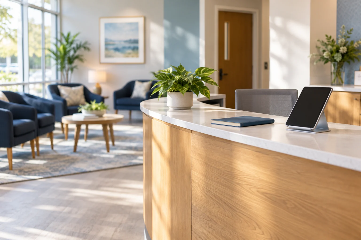 Illustrative modern medical-practice reception desk with a tablet and navy waiting-room chairs.