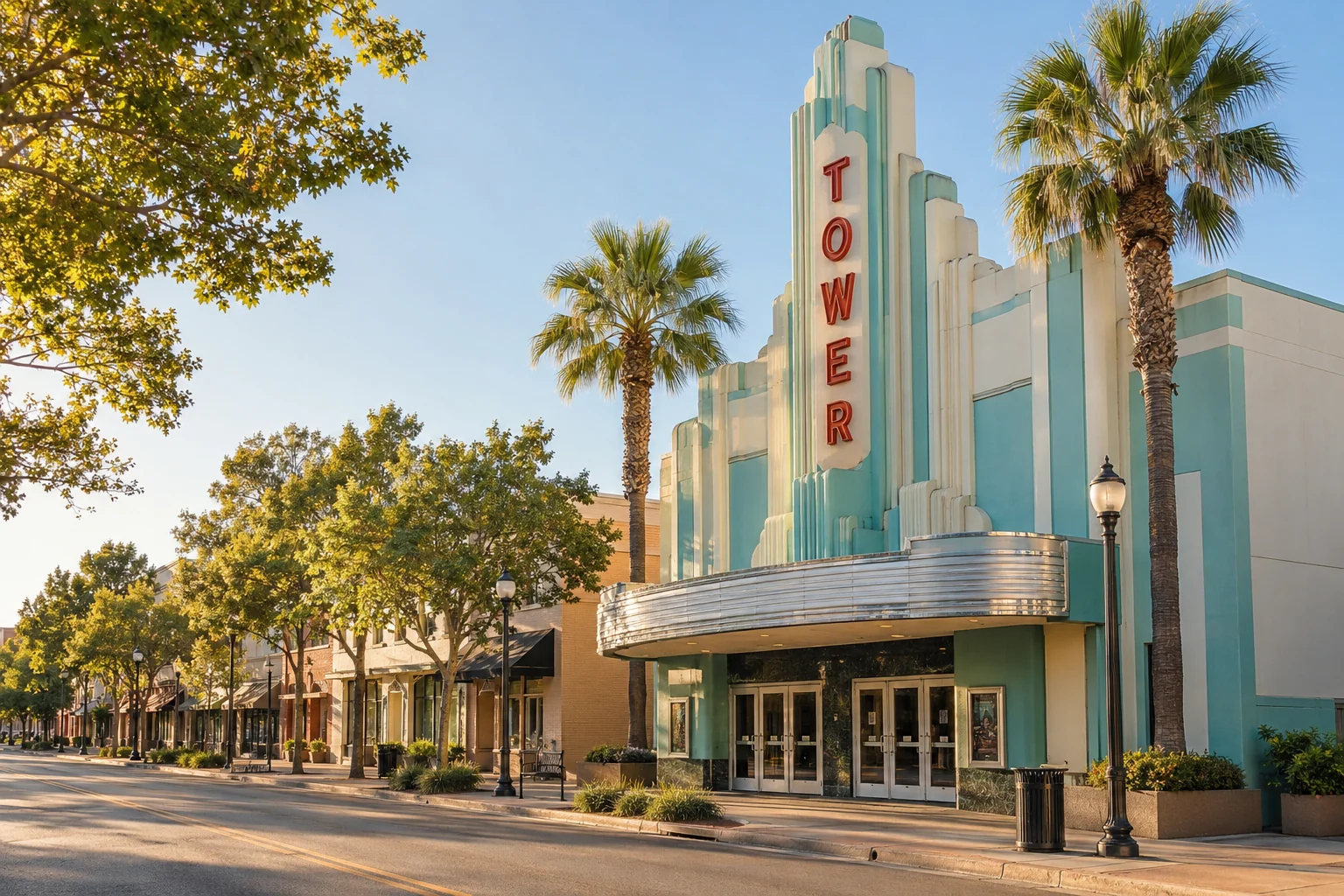 AI-generated architectural illustration inspired by Roseville’s Tower Theatre on Vernon Street.