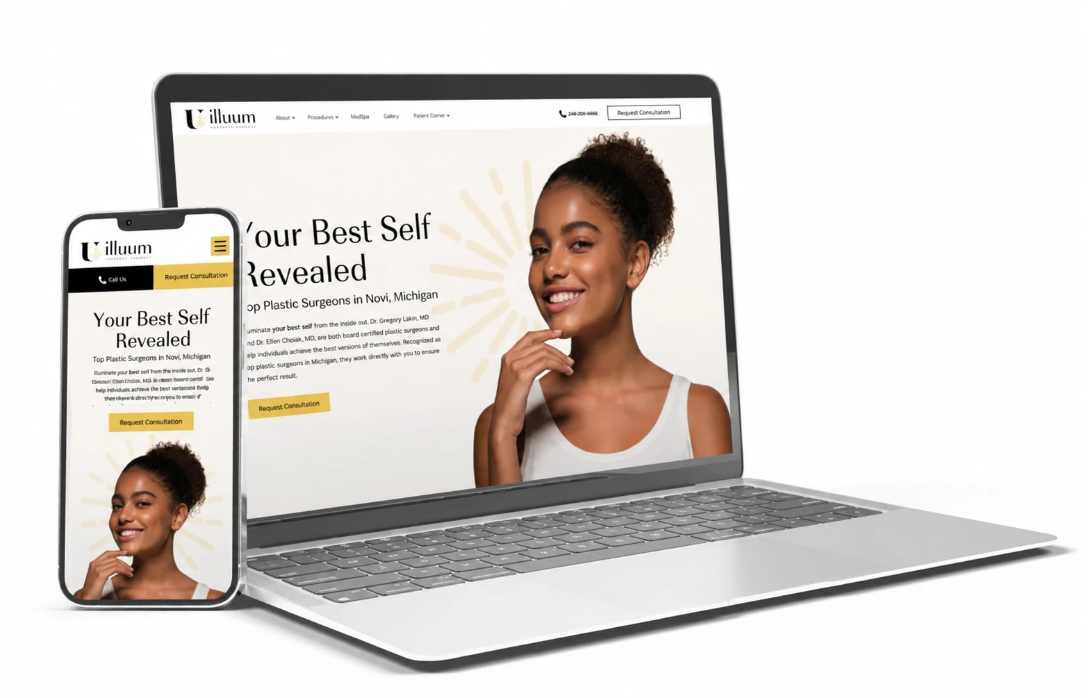 Plastic surgery practice website displayed on a laptop and phone.